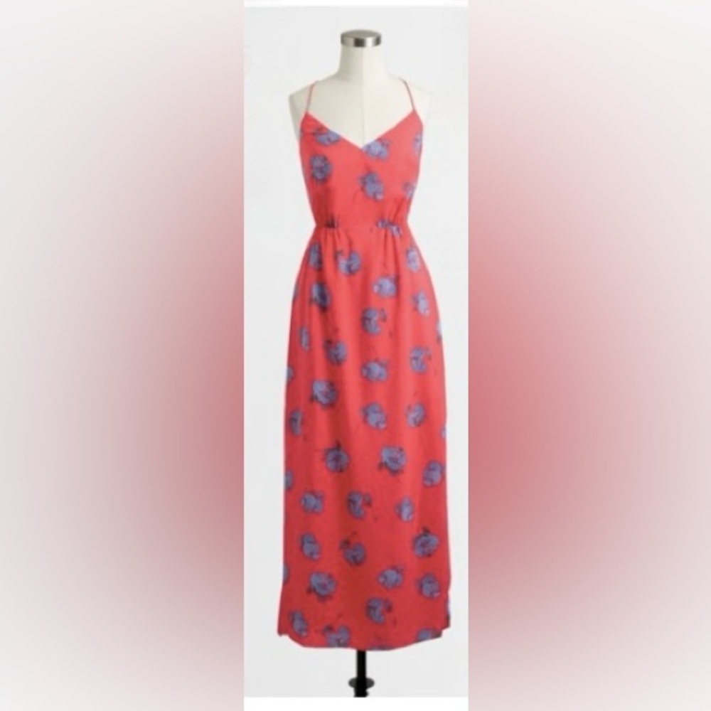 J Crew Racerback Maxi Dress Coral With Floral Print Size 6 Lined w/ Side Slits